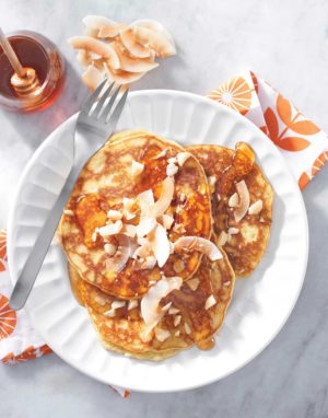 Macadamia Nut Coconut Pancakes plated cropped