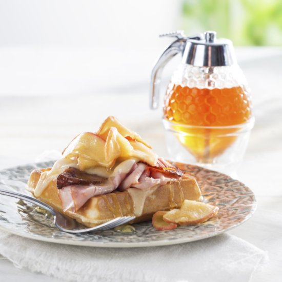 Breakfast Waffle Club Sandwich with Honey Apple Syrup