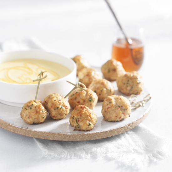 Spicy Honey Chicken Meatball Skewers with Creamy Fontina Fonduta