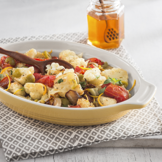 Honey and Orange Roasted Cauliflower with Tomatoes and Green Olives
