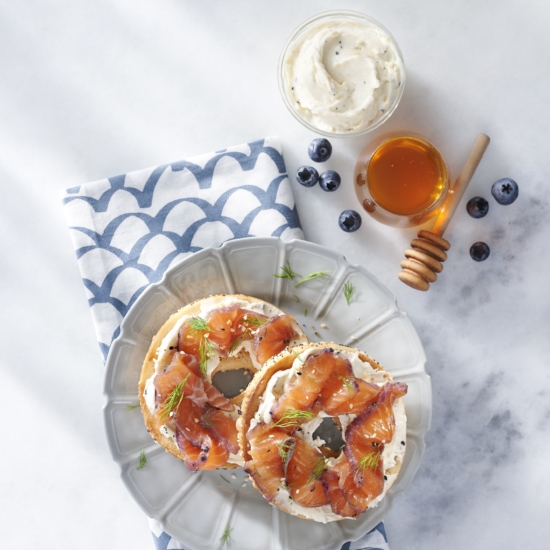 Bagels with “Everything Spice” Blueberry Honey Whipped Cream Cheese & Blueberry Cured Salmon