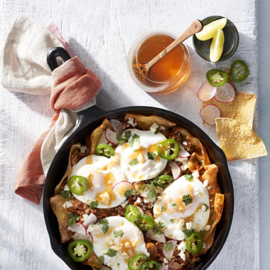 Chilaquiles with Poached Eggs and Ancho Chile Orange Blossom Honey