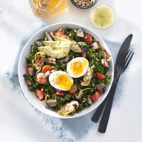 Kale & Avocado Breakfast Salad with Tarragon and Blueberry Honey Vinaigrette