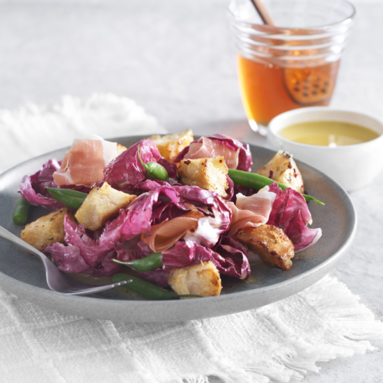 Radicchio and Prosciutto Salad with Honey Poppyseed Vinaigrette and Honey-Toasted Croutons