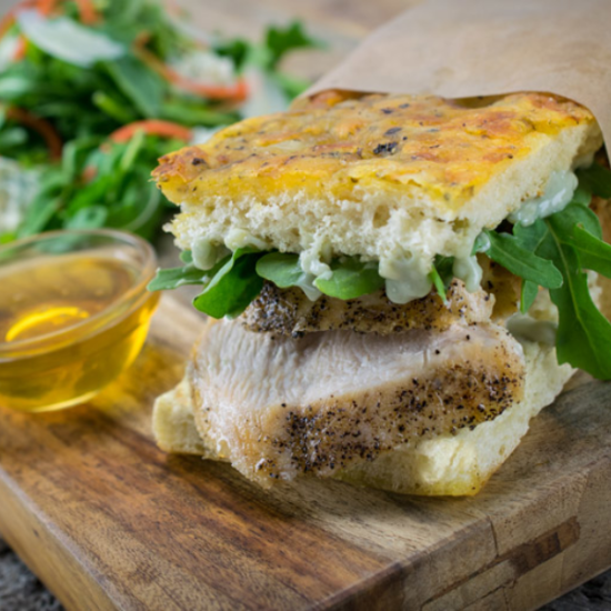 Honey Roasted Chicken Sandwich with Honey-Blue Cheese 'Butter' & Arugula