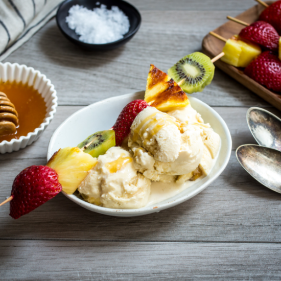 Salted Honey Ice Cream with Grilled Fruit Kabobs